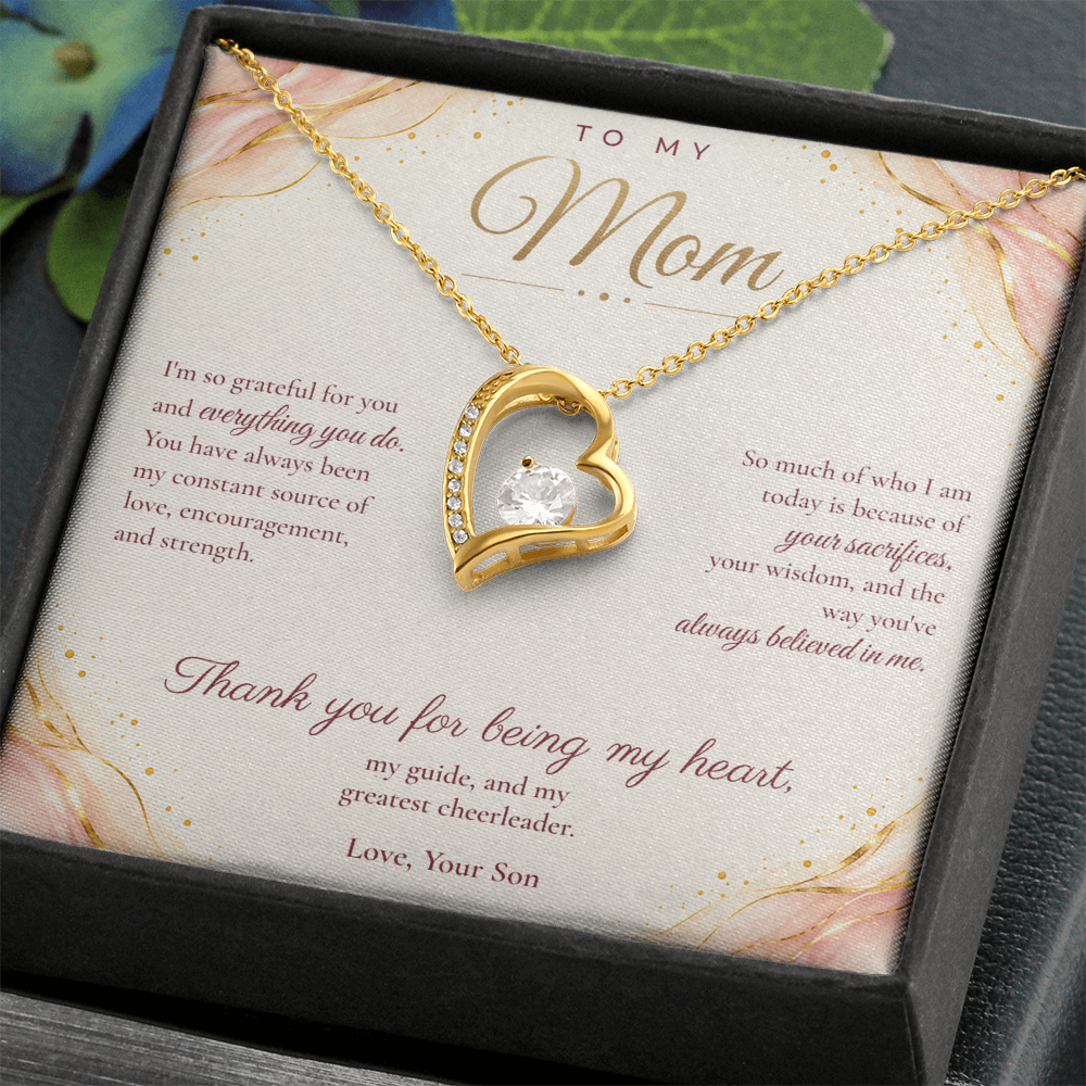 To My Mom Necklace — Forever Love Heart Pendant with Message Card | Christmas Gift for Mom (From Son – Blush Waves)