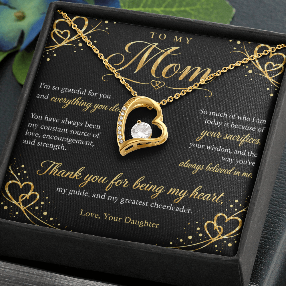 To My Mom Necklace — Forever Love Heart Pendant with Message Card | Gift for Mom from Daughter (Midnight Gold Hearts)